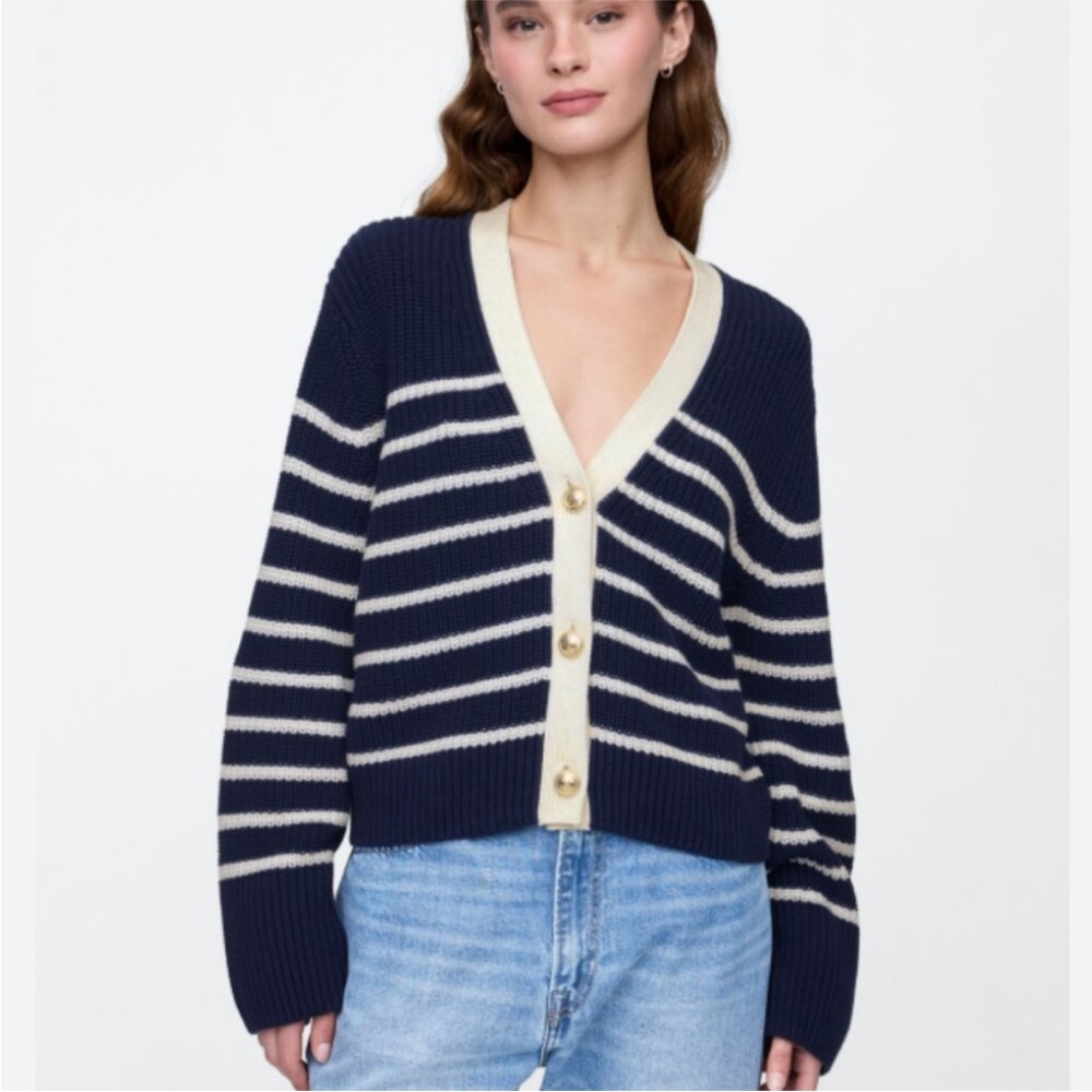GAP Navy and Cream Striped Cardigan size large
